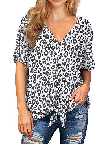 IWOLLENCE Womens Waffle Knit Tunic Blouse Tie Knot Short Sleeve Henley Tops Loose Fitting Bat Wing Shirts Leopard Print White Medium