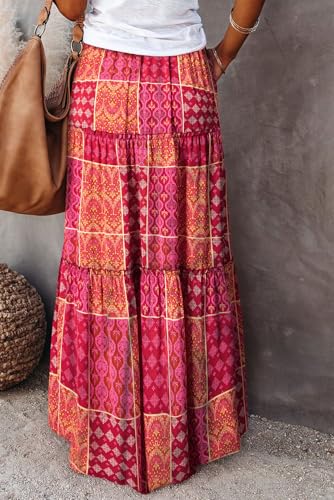 Image of Happy Sailed Womens Floral Print Boho Maxi Skirt Elastic High Waist Pleated Ruffle Flowy Long Skirts S-XL