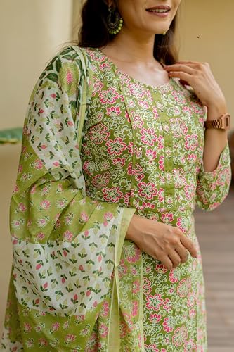 Image of MIRCHI FASHION Women's Straight Fit Pure Cotton Embellished Floral Printed Kurta Set with Dupatta and Trouser