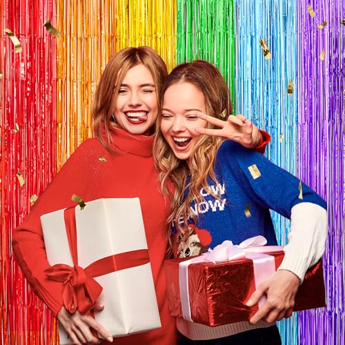 Image of Rainbow Metallic Tinsel Foil Fringe Curtains Backdrop 2Pack 3.3x8.3Ft Party Streamers for Birthday Party Decorations Halloween Christmas Decors Foil Curtain Backdrop for Bachelorette Bridal Party