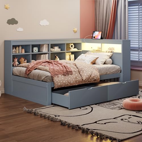 MOBETTRES Sofá de madera maciza de 90 x 200 cm, con estantes, cama con USB y enchufe con barra L-E-D, con estantes y compartimentos, mucho espacio de almacenamiento, cama individual multifuncional,
