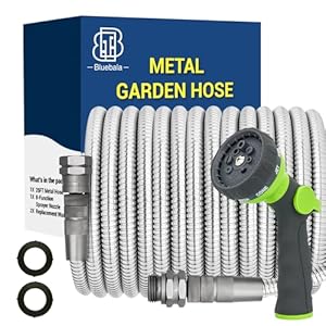 Metal Garden Hose – 75FT Heavy Duty Stainless Steel Water Hose with 8-Mode Spray Nozzle, 3/4″ Fittings, Leak Proof, Puncture Resistant, No Kink, Lightweight Outdoor Hose for Yard, Farm, Car
