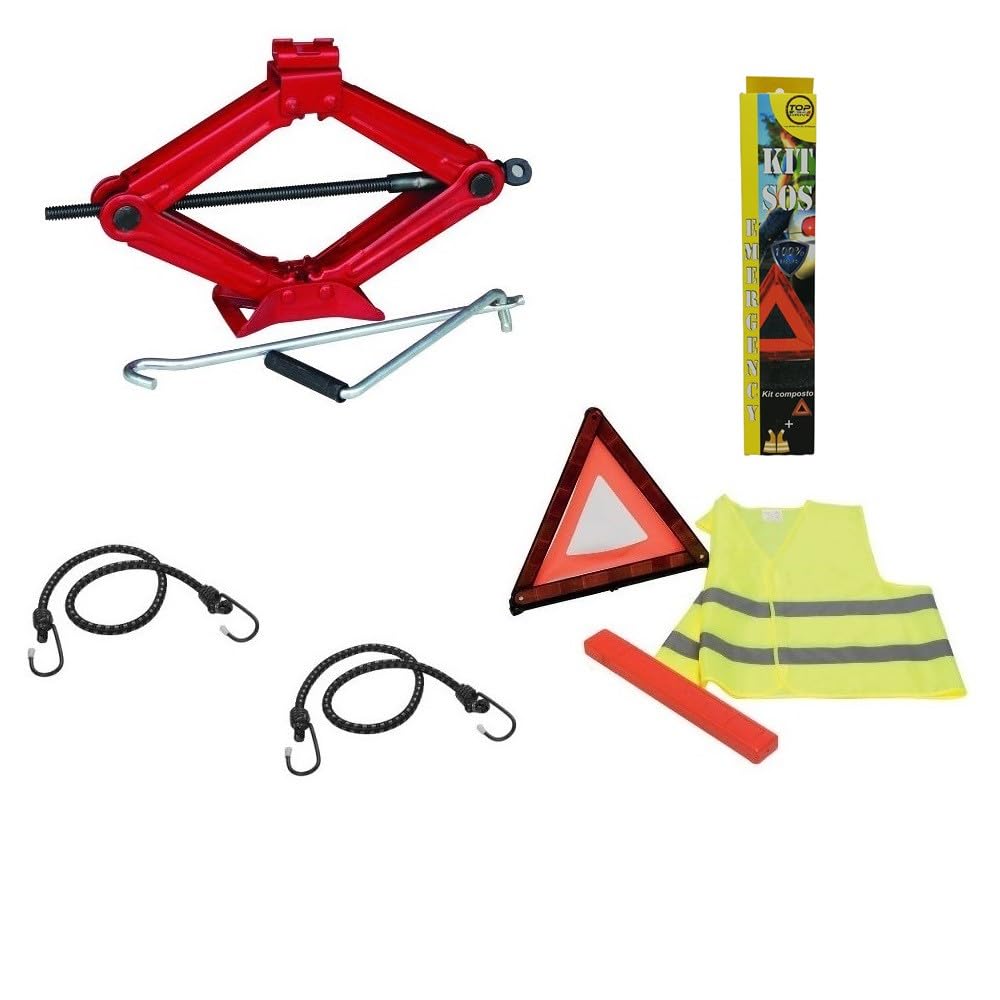 Compatible con Seat Alhambra Kit DE Emergencia EN Carretera para Coches Gato PANTÓGRAFO DE 2 TONELADAS con Base DE Acero Y Llave GIRATORIA+TRIÁNGULO+Chaleco Fluorescente+Estuche