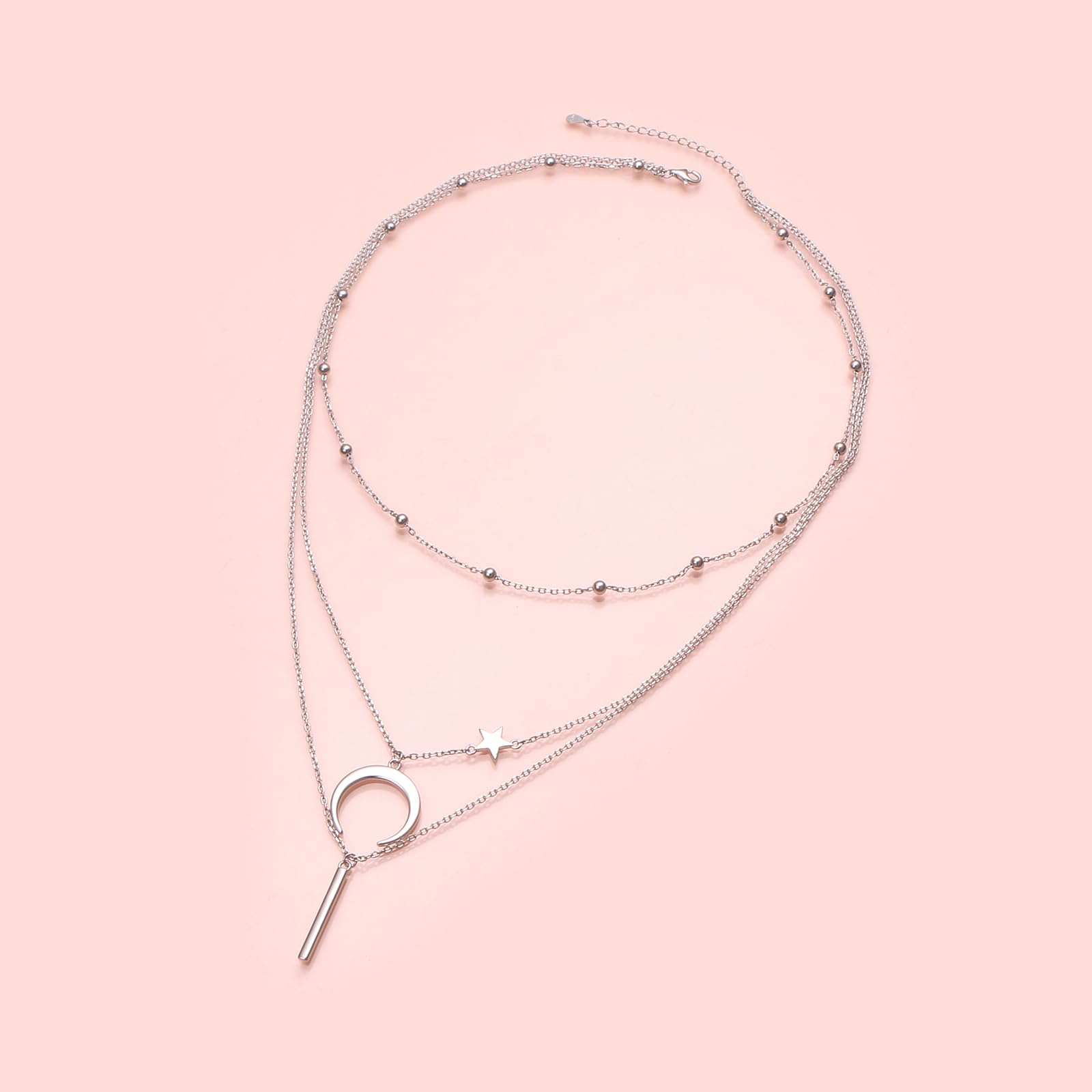 Collane a strati da donna in argento Sterling 925 multistrato collana con ciondolo a forma di stella a mezzaluna bar per donne collana lunga gioielli da donna, Argento sterling