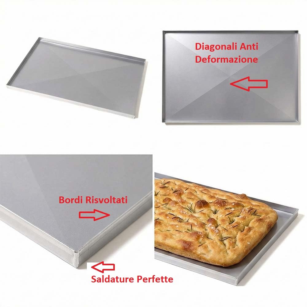 2x Teglia da Forno Rettangolare 55x38xH2 con diagonali in Alluminio Diamantata Anti-Deformazione Professionale Made in Italy Bordi Dritti Ideale per Pizza Pasticceria e Focaccia