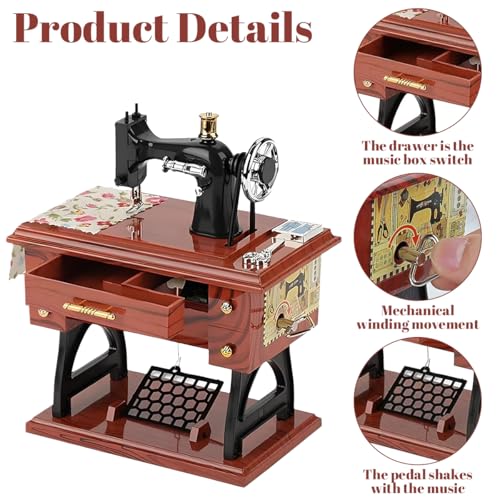 Image of PATPAT Vintage Mini Sewing Machine Retro Style Music Box Showpiece Wind-Up Music Box Ornament Creative Desk Decor Toy Vintage Gift for Kid Children