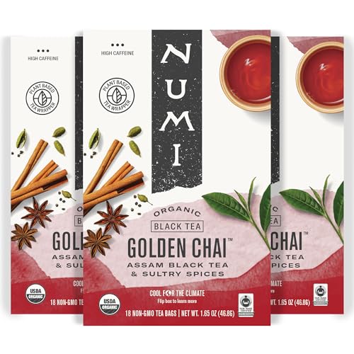 Numi Organic Golden Chai Tea, 18 Tea Bags (Pack of 3) Assam Black Tea, Cardamom, Ginger & Anise