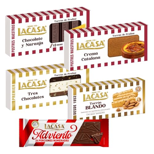 Surtido Turrones Lacasa: 5 tabletas de turrón variadas: Blando, Crujiente, Chocolate y naranja, Crema catala y Tres chocolates
