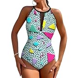 80s 90s Tummy Control Swimsuits for Women Slimming One Piece Bathing Suit Retro Halter Push Up Swimwear M