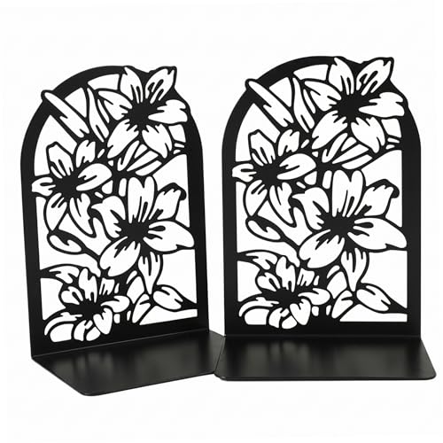 Book Stopper, 2PCS Metal Bookends Decorative Lily Pattern Heavy Duty Book Stoppers for Office, Desk, Shelf & Room - Black.