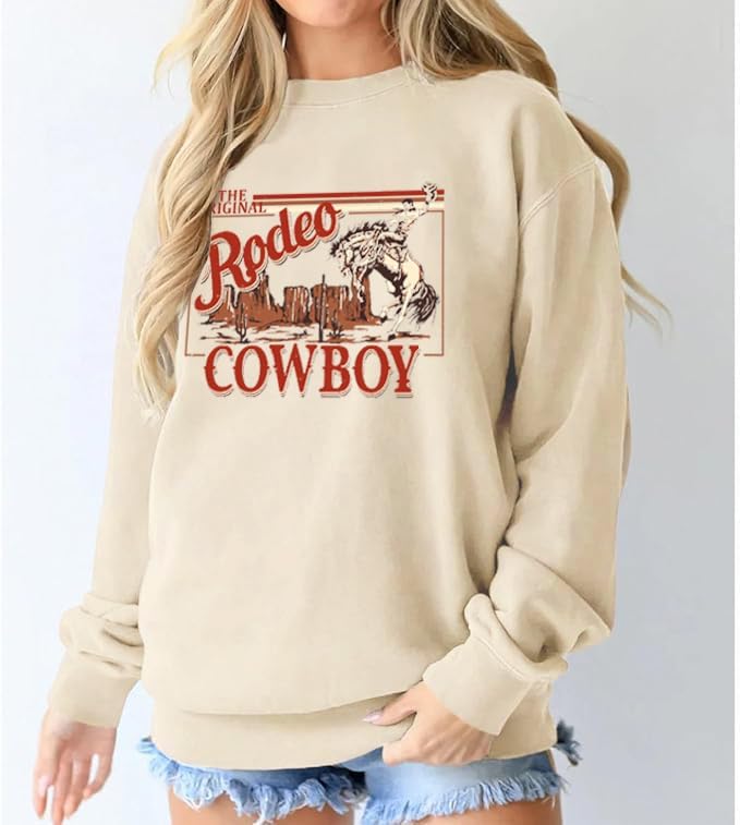 Womens Western Sweatshirt Cowgirl Sweaters Vintage Graphic Country Concert Outfits Long Sleeve Rodeo Shirts Apricot - Image 4