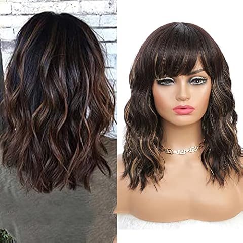 SHINYSHOW Dark Brown Bob Wigs with Bangs Short Wavy Synthetic Heat Resistant Fiber Wigs for Women Daily Party Cosplay 16 Inch Cover