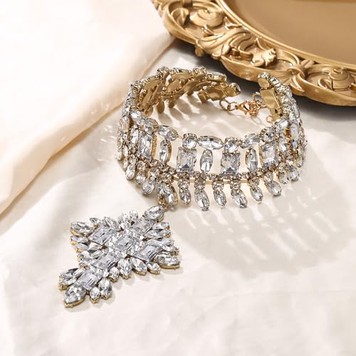 Flyonce Costume Statement Bib Necklace, Sparkly Rhinestone Crystal Vintage Art Deco Chunky Choker Necklace for Women4