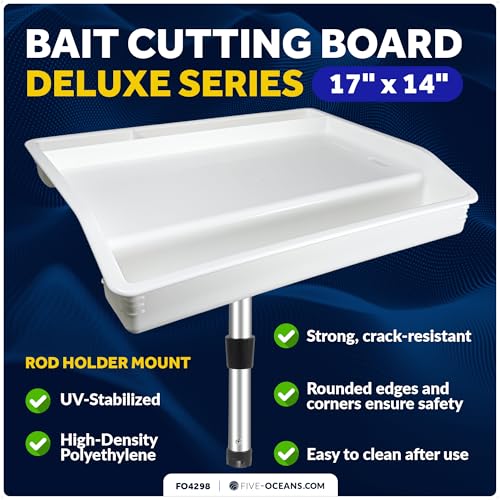 Five Oceans Boat Cutting Board, 17"x14"- Deluxe Bait Cutting Table with Rod Holder Mount, Knife & Pliers Holder, 3 Deep Trays & Draining Hole - 1-Year Warranty - FO4298