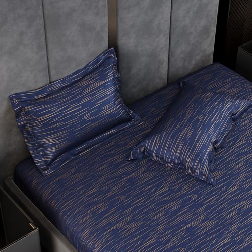 Image of Stoa Paris 350TC Luxture Cotton King Fitted Bedding Set with 2 Pillow Covers, All-Around Elastic Fitted Bedsheet 183cm x 198cm + 30cm Drop, All Season Comfort, Breathable, Panache 2.0 - Navy