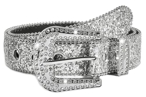 Eohak Ceinture western en cuir clouté avec strass pour jeans, cowboy, taille 68,6 - 99,1 cm, Argenté, Large