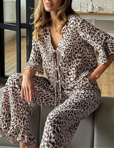 Image of codcm Womens Cotton Pajama Set Ruffle 2 Piece Tie Front Shirt and Long Pants Cute Printed Sleepwear