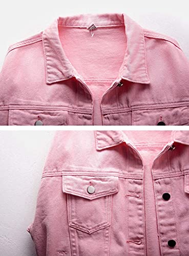 Ebossy Women's Candy Color Denim Jacket Relaxed Fit Casual Jean Trucker Jacket (X-Large, Pink) #TOP2