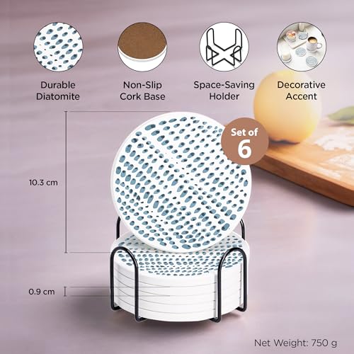 Image of The Better Home Diatomite Coasters Set of 6 (Dia - 10cm) | Dining Table Decor Accessories | Cups /Coffee Mugs /Glasses Coaster Set | Glass Cover Lid | Kitty Party Return Gifts for Women (White Print)