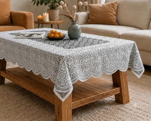 Image of Cotton Net Embroidered Center & Dining Table Cover for 4 Seater | Rectangular 40x60 Inch | Lightweight & Washable Table Cloth | Pack of 1 (White)