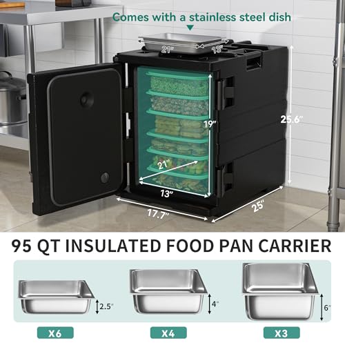 YITAHOME Insulated Food Pan Carrier, 95 Qt LLDPE Hot Box for Catering w/Stainless Steel Pan, Catering Food Warmer with Swivel Casters for 5 Full-Size Pans, Stackable Design for Restaurant Gathering