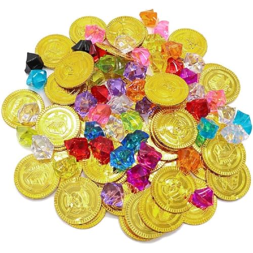 200 piezas de gemas piratas, monedas de oro de juguete, tesoro pirata, monedas, gemas, búsqueda del tesoro, tesoro pirata, regalo decorativo para fiestas de cumpleaños (100 monedas de oro y 100 gemas)