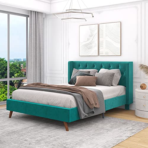 Chenoa Queen Size Bed Frame Upholstered Velvet Platform Bedframe With Tufted Wingback Headboard, Wood Slat Foundation, No Box Spring Needed, Noise-Free And Non-Slip, Easy Assembly, Teal #TOP4
