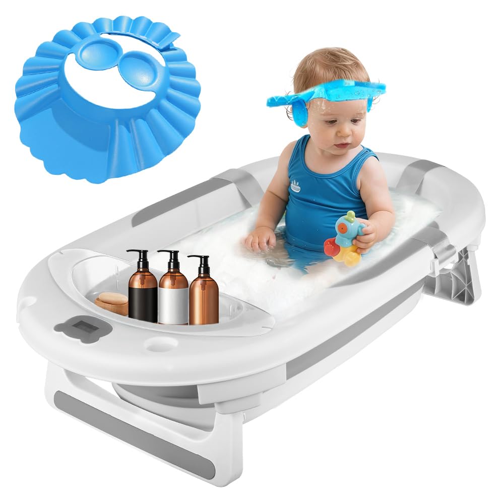 OHMG Bañera para Bebé, Bañera plegable con cojín, baño ergonómico para bebés con termómetro integrado para recién nacidos de 0 a 36 meses, ergonómica y poco espacio