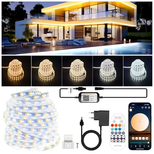 TENDIST 10M tira led exterior impermeable IP67, luces blancas exterior 3000K-6500K, 24V tiras de led adhesivas impermeable, fita led con APP & mando a distancia para Pavillon, pérgola, patio (20M)