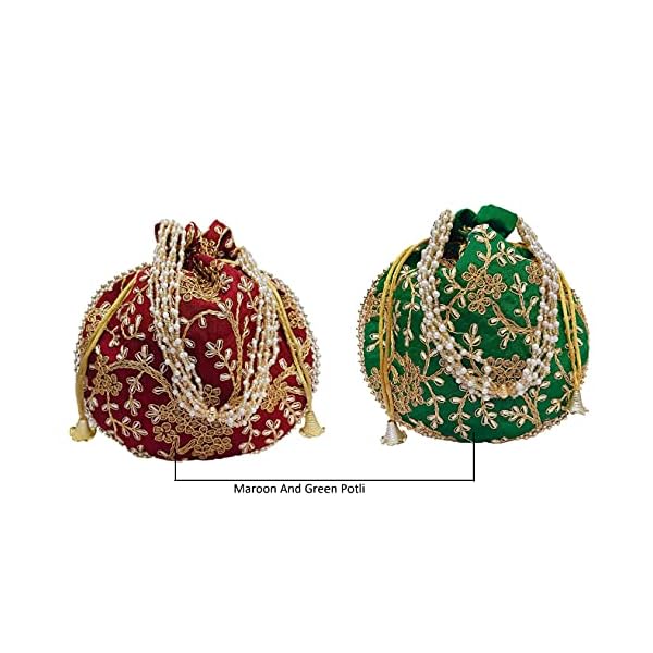 Truvic Potli bag (Pack of 2 Potli) Maroon, Green Matka Designer handbags for Women wedding party and Return gift potli bags for party accessories .Outer Golden Embroidered Design - Image 6