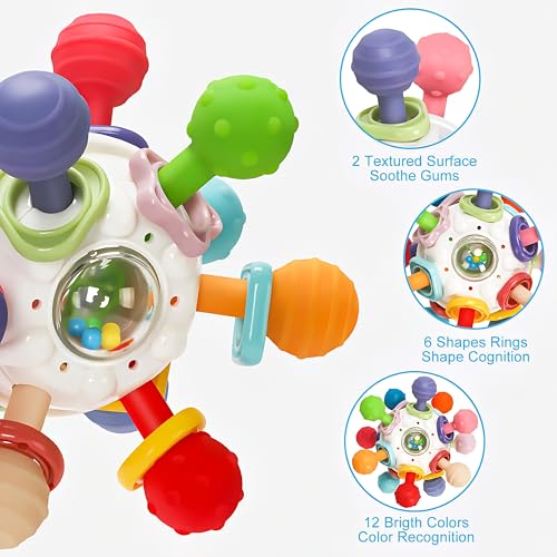 Image of Brand Conquer Silicone Baby Teether Ball Toy, BPA-Free Sensory Teething Toy for 3+ Months, Soft Chewable Textured Teether with Rattle, Colorful Grasping &Development Toy for Infants and Toddlers(White)