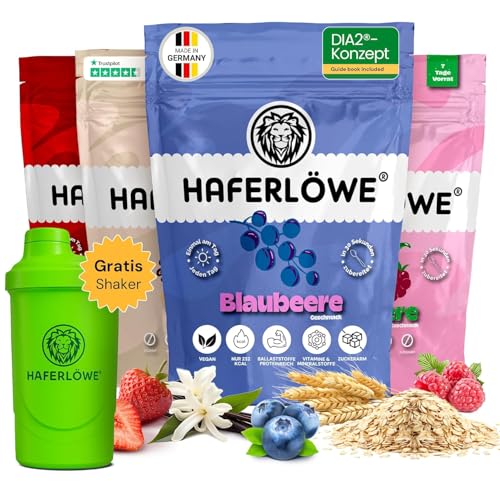 Haferlöwe Haferkur 28 Tage Starter Set | Leckere Hafertage in 4 Geschmacksrichtungen inkl. Gratis Shaker und Leitfaden | Mahlzeitenersatz Protein Shake | Gesunder Diät Hafershake | DIA2 Ernährung