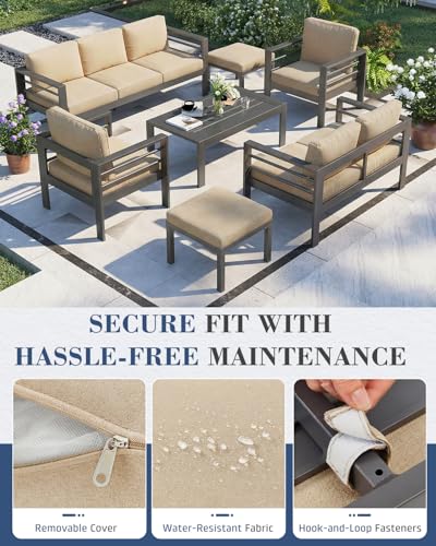 Image of AECOJOY Aluminum Patio Furniture Set, 9 Seats Modern Outdoor Furniture with Coffee Table, 7 Pieces Metal Conversation Sectional Sofa, Beige