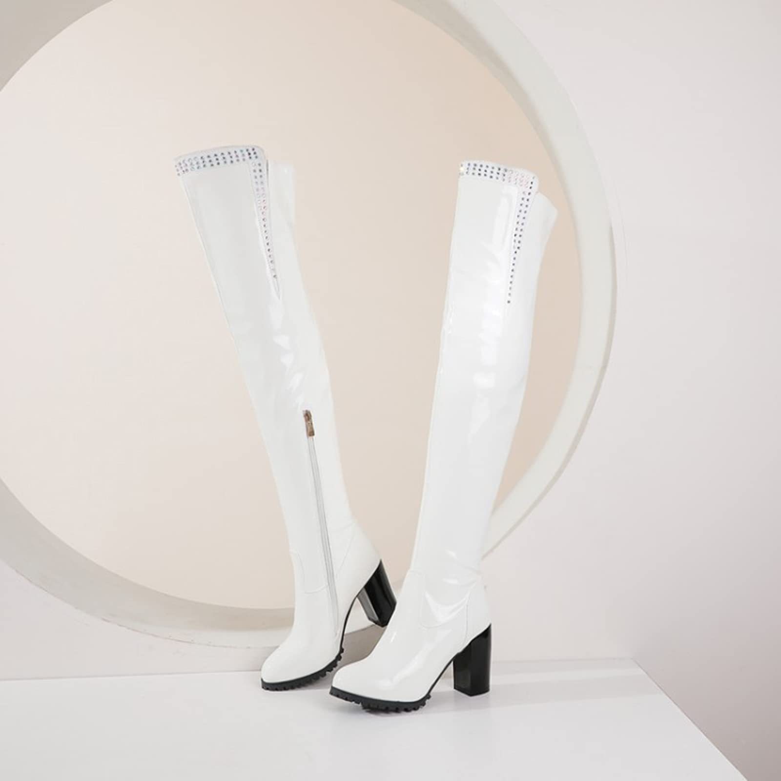 Stivali da donna quadrati alti alla coscia alti stivali donna in pelle verniciata lucida nero rosso bianco sopra il ginocchio scarpe da donna partito, bianco, 48