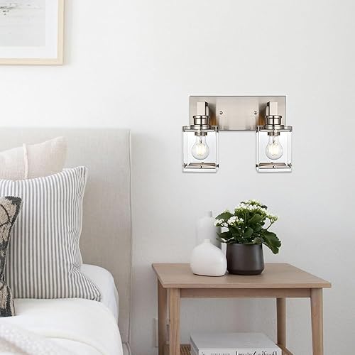 Miniatura 7 de VINLUZ Lámpara de pared de baño con acabado de níquel cepillado con pantalla de vidrio transparente, iluminación industrial sobre espejo montado en