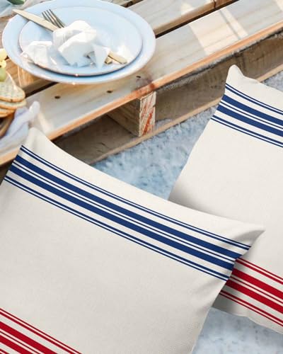 HELLOWINK Outdoor Pillows Waterproof Pillow Covers Set of 2 Red Blue Stripes Polyester Throw Pillow Covers Garden Cushion Case for Patio Funiture Sofa Decoration 16x16inch Happy 4 th of July