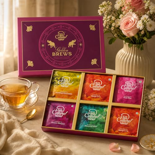 Image of Tea Culture of the World Golden Brews - Premium Luxury Tea Gift Set | 60 Exquisite Pyramid Teabags | 6 * 20 g | Elegant Festive Packaging