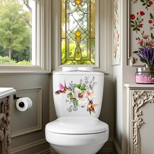 WC-Sitz-Deckelaufkleber, Blumen-Vögel, Schmetterling-Design, selbstklebende Badezimmer-Aufkleber, abnehmbare, wasserdichte Aufkleber für Badezimmer-Dekor