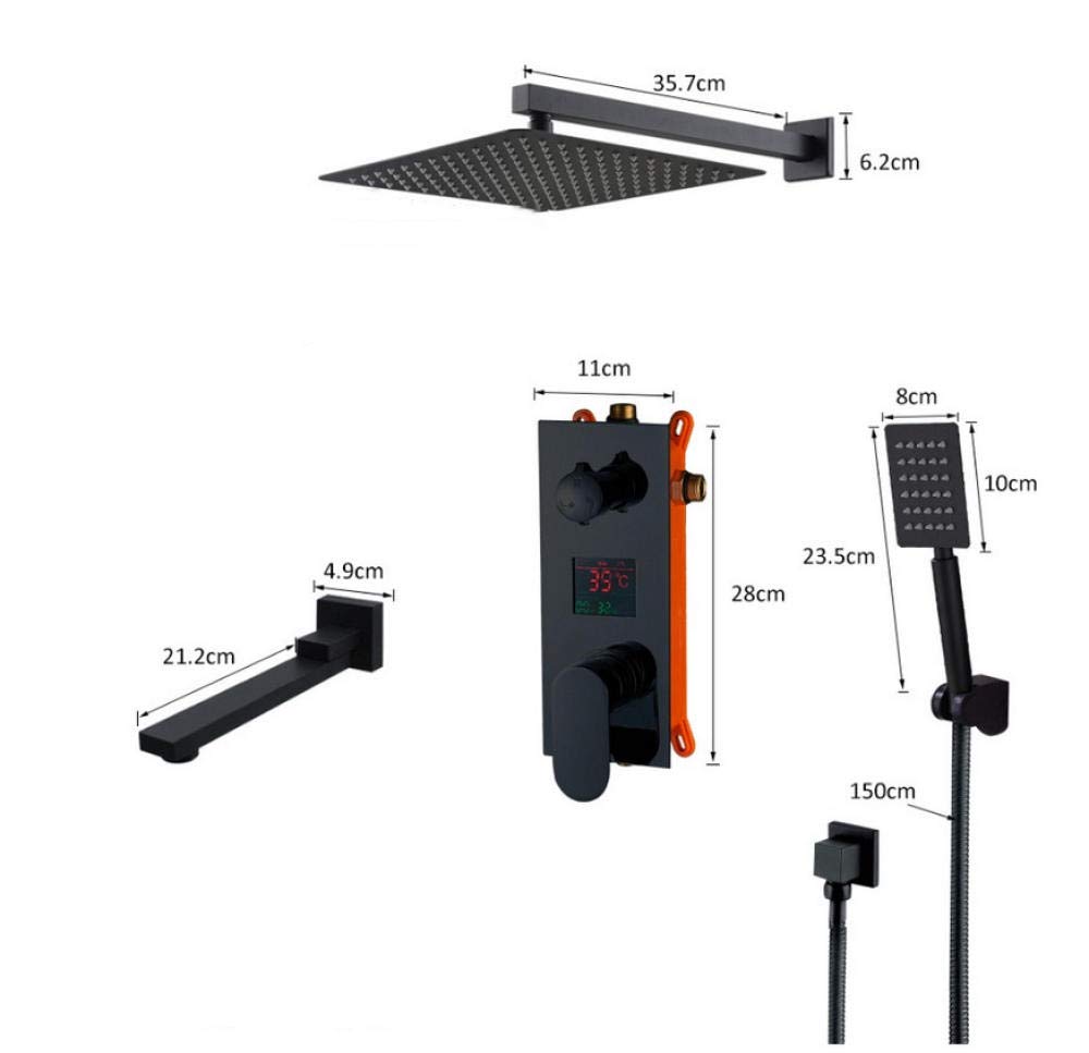 Zestaw baterii prysznicowych z cyfrowym wyświetlaczem LED, matowa czerń, 12 cali, z wodospadem deszczowym, system prysznicowy do wanny, cyfrowy mikser LED do wanny.