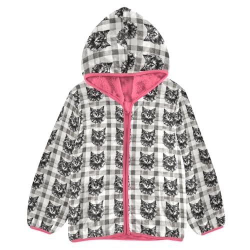 Aflyko Girls' Fleece Cool Cat Plaid Zip-Up Hoodie Fleece Outerwear Kids Pink Hooded Jacket Children's Fashion Outwear Coat Warm Sweatshirt 4T