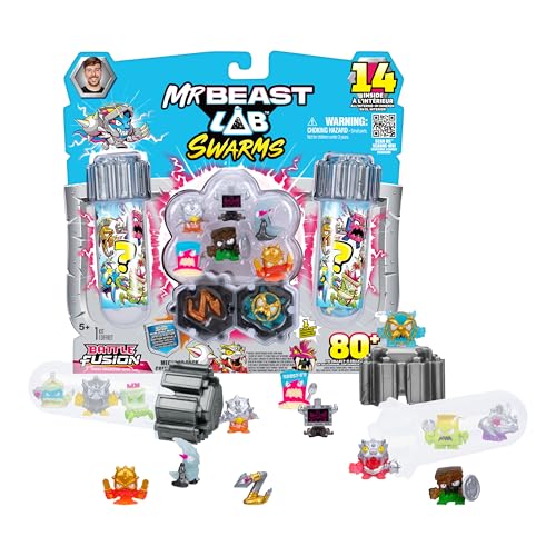 MrBeast Lab Swarms Battle Fusion Series Mega Lab Pack Includes 14 Micro Beasts with Ultra Rare Swarm Sword 80+ to Collect Stickers & Stackable Fusion Caps for Display