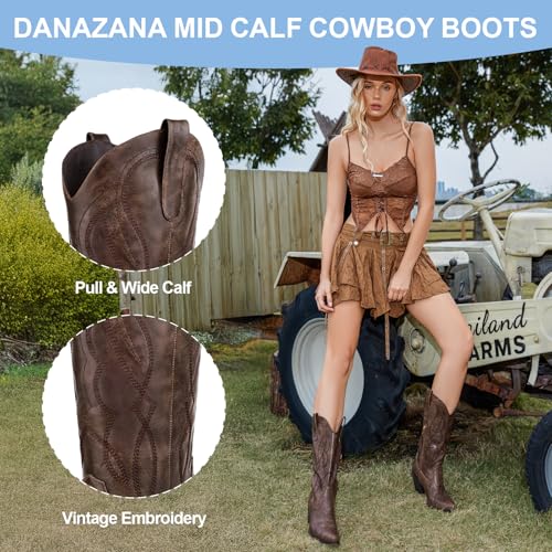 Wide Calf Cowgirl Boots Women's Pointed Toe Embroidered Cowboy Boots Lady Half Zip Mid Calf Block Heel Retro Country Boot Western Booties Size 6-112