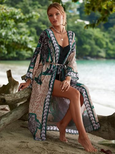 Image of Women's Kimono Cover Up Long Beach Dress Swimsuit Cover Ups Colorful Cardigan Lightweight Robe for Swimwear