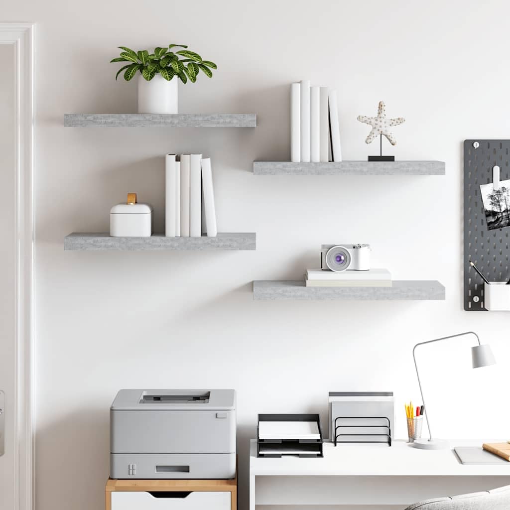 Zestaw 4 półek wiszących, szary beton, 60 x 23,5 x 3,8 cm, płyta MDF, niewidoczne mocowanie na ścianie, nowoczesny design do salonu, sypialni i biura
