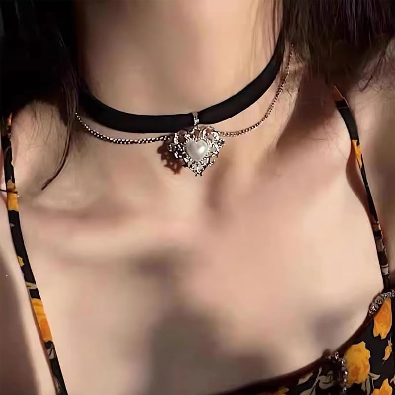 Layered Heart Velvet Choker Necklace Black Silver Goth Heart Pendant Necklaces Elegant Lolita Pearl Heart Choker Necklace Gothic Halloween Costume Outfits Accessories for Women - Image 2