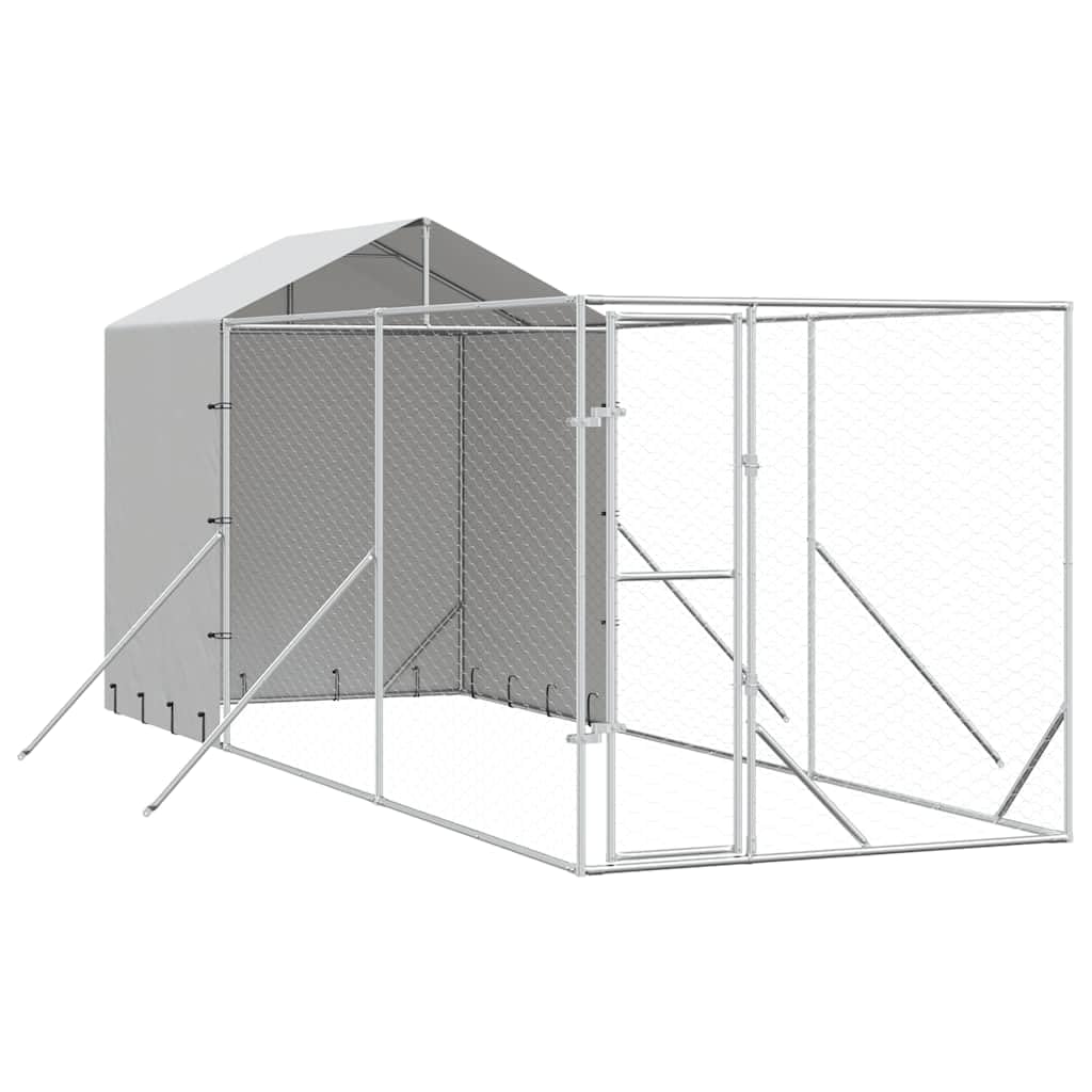 Cuccia per cani per esterni con tetto, in acciaio zincato, 2 x 6 x 2,5 m, argento | Grande recinto da giardino con porta richiudibile e tetto protettivo in PE per piccoli animali e cani.