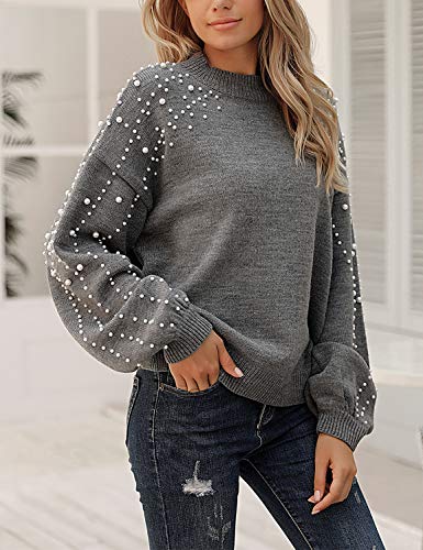Blooming Jelly Women's Chunky Sweater Crewneck Sweatshirt Knit Lantern Sleeve Oversized Pullover Sweater With Pearls(Small,Grey) #TOP3