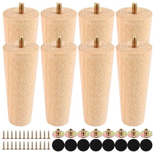 LDXDRU 8 Stück 12cm Eiche möbelfüße Holz Möbelfuß Massivholz Holzfüße für Möbel mit Montageplatten, Schrauben und Gummipads, Holz Möbelfüße Tischbeine für Sofa Bett Schrank Couch Ottomane