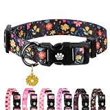 TENICER Floral Dog Collar, Cute Spring Black Yellow Daisy Flower Pet Collars for Puppy Small Medium Large Boy Girl Dogs-M