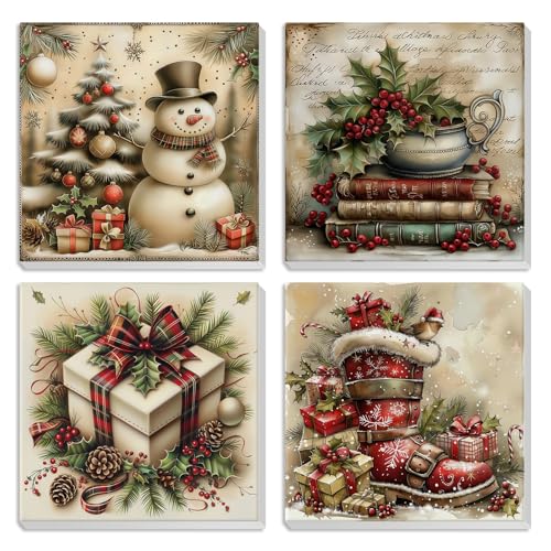 HEIBAGO 4 Pack Christmas Framed Paint by Numbers Kit for Beginner Cute Retro Adult Paint by Number Kits DIY Painting by Numbers for Adults Small Easy Acrylic Oil Painting for Wall Decor 8 x 8 Inch